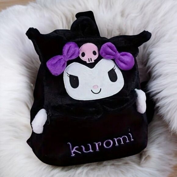 Hello Kitty Backpack Kuromi Embroidered Plush Furry Black 15" Book Bag Sanrio - Picture 1 of 14
